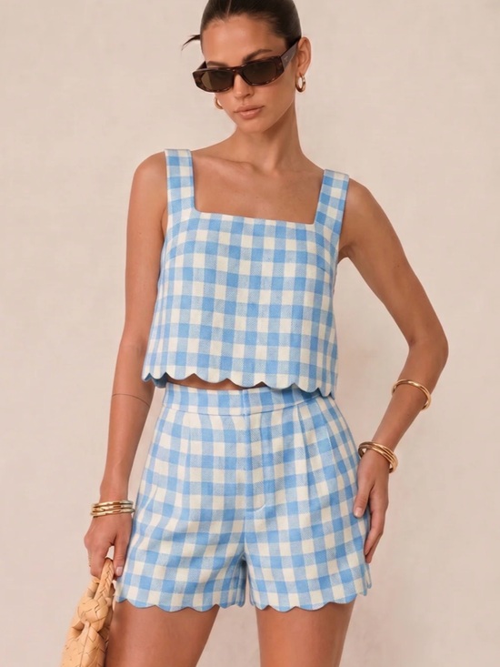 Commense Pants - Commense Blue and White Gingham Scallop Hem Shorts